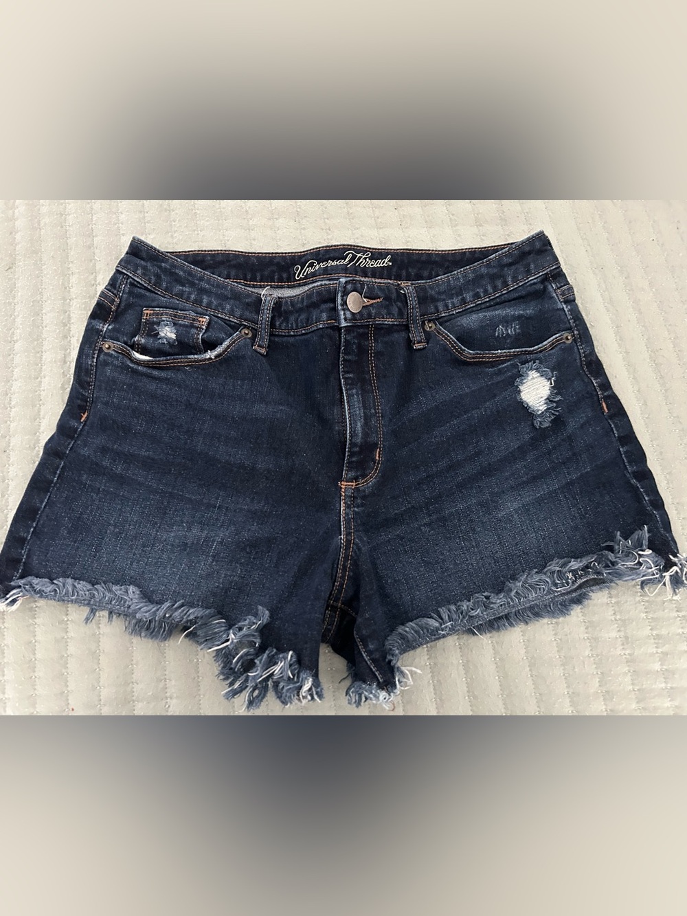 Universal Thread Dark Blue Denim Shorts with Brown Stitching